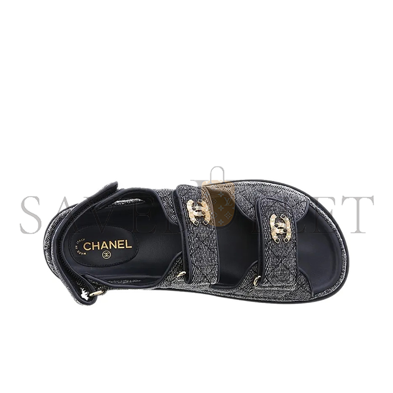 CHANEL VELVET DAILY CASUAL SANDALS FOR WOMEN BLACK & GRAY G35927 X56243 0L121